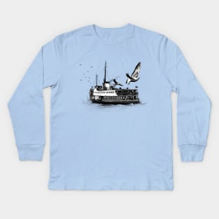 Boat and seagulls Charcoal Kids Long Sleeve T-Shirt